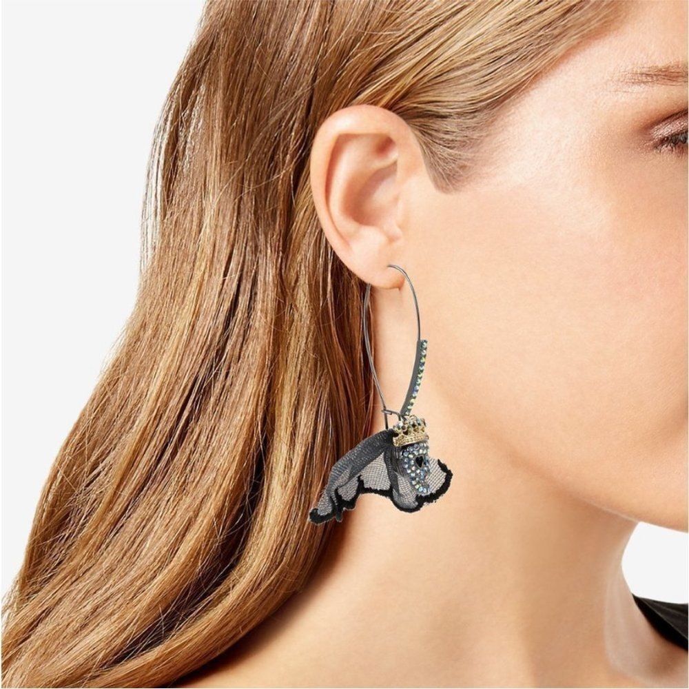 NWT Betsey Johnson Skull Bride Black Glitter Dangle Earrings - Picture 5 of 6